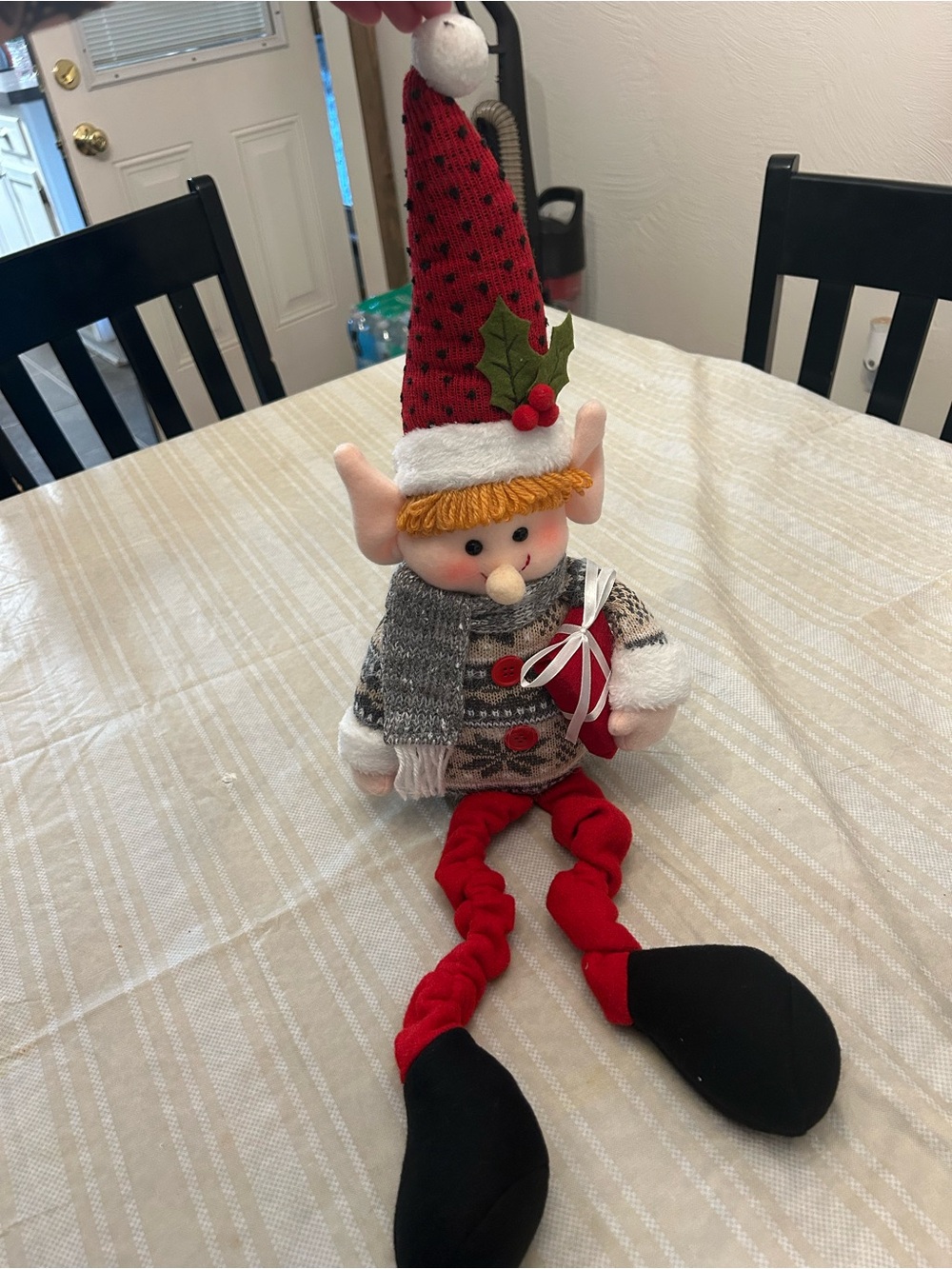 Holiday Elf Plush Decoration in Red and Gray